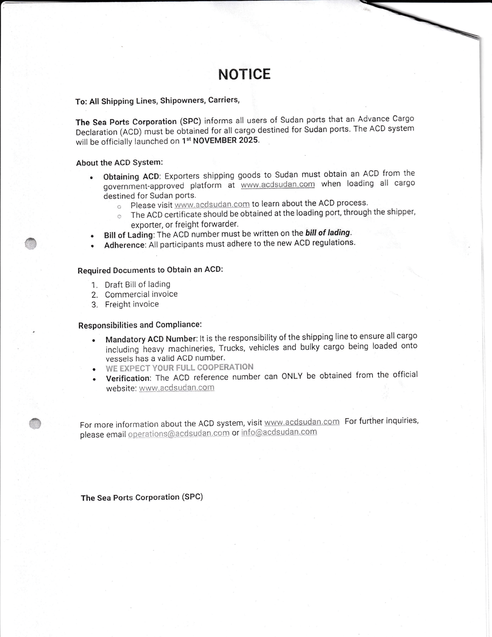 Ministry of Interior - Customs Forces Presidency - Sea Ports Corporation