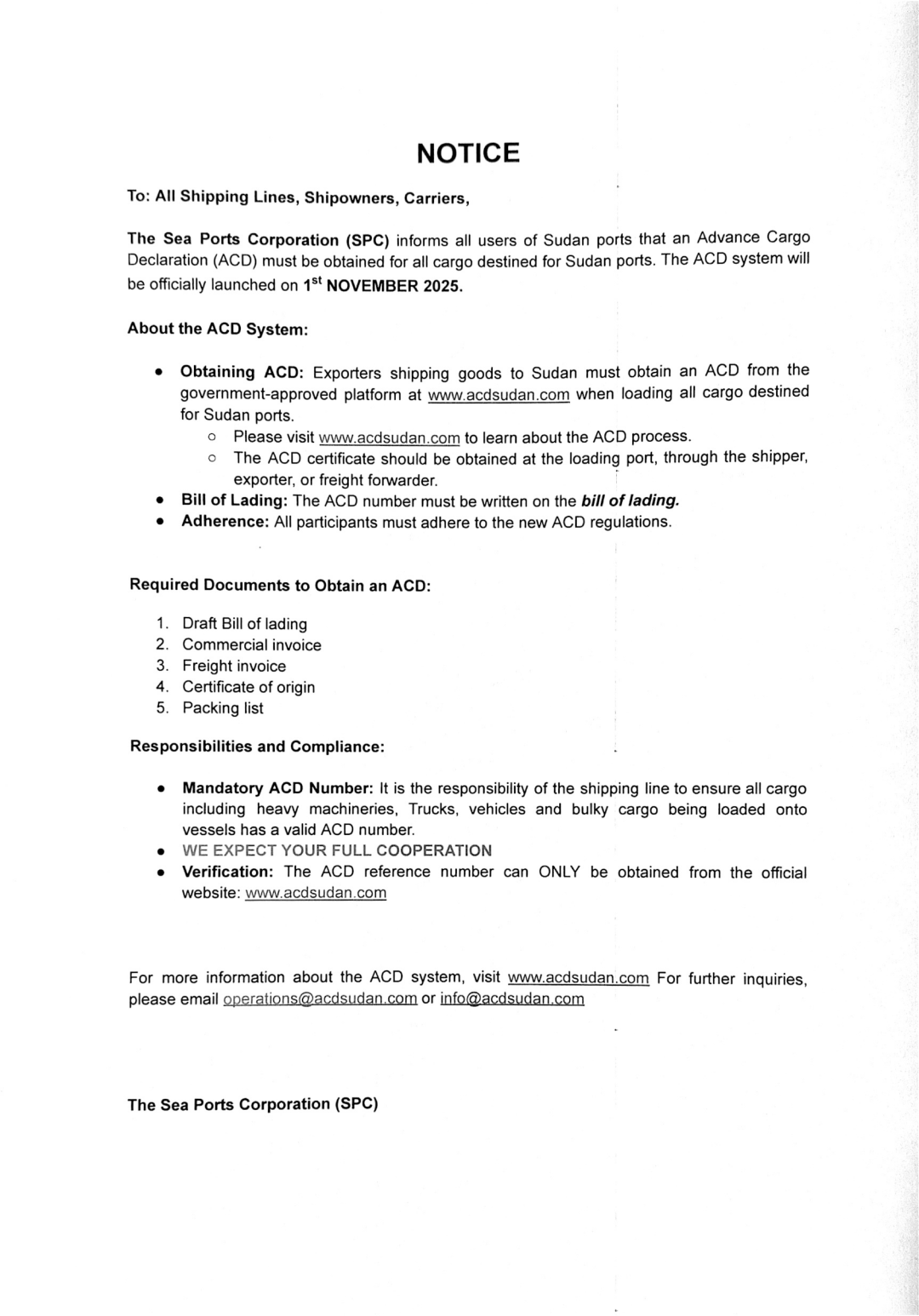 Ministry of Interior - Customs Forces Presidency - Sea Ports Corporation